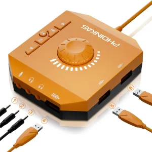 T10 External Sound Card, PHOINIKAS USB Audio Adapter for PC Windows, Mac, Linux, Laptops, Desktops, Stereo Sound Card with 3.5mm Interface & USB Interface, Volume Control, Plug & Play (6-in-1, Orange)