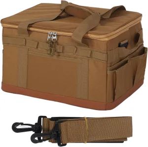 Tactical Camping Storage Bag, 30L Utility Tote Bag with Shoulder Strap and Movable Partition, Large Capacity Lightweight Hard Collapsible Camping Cookware Organizer Trunk (Khaki)