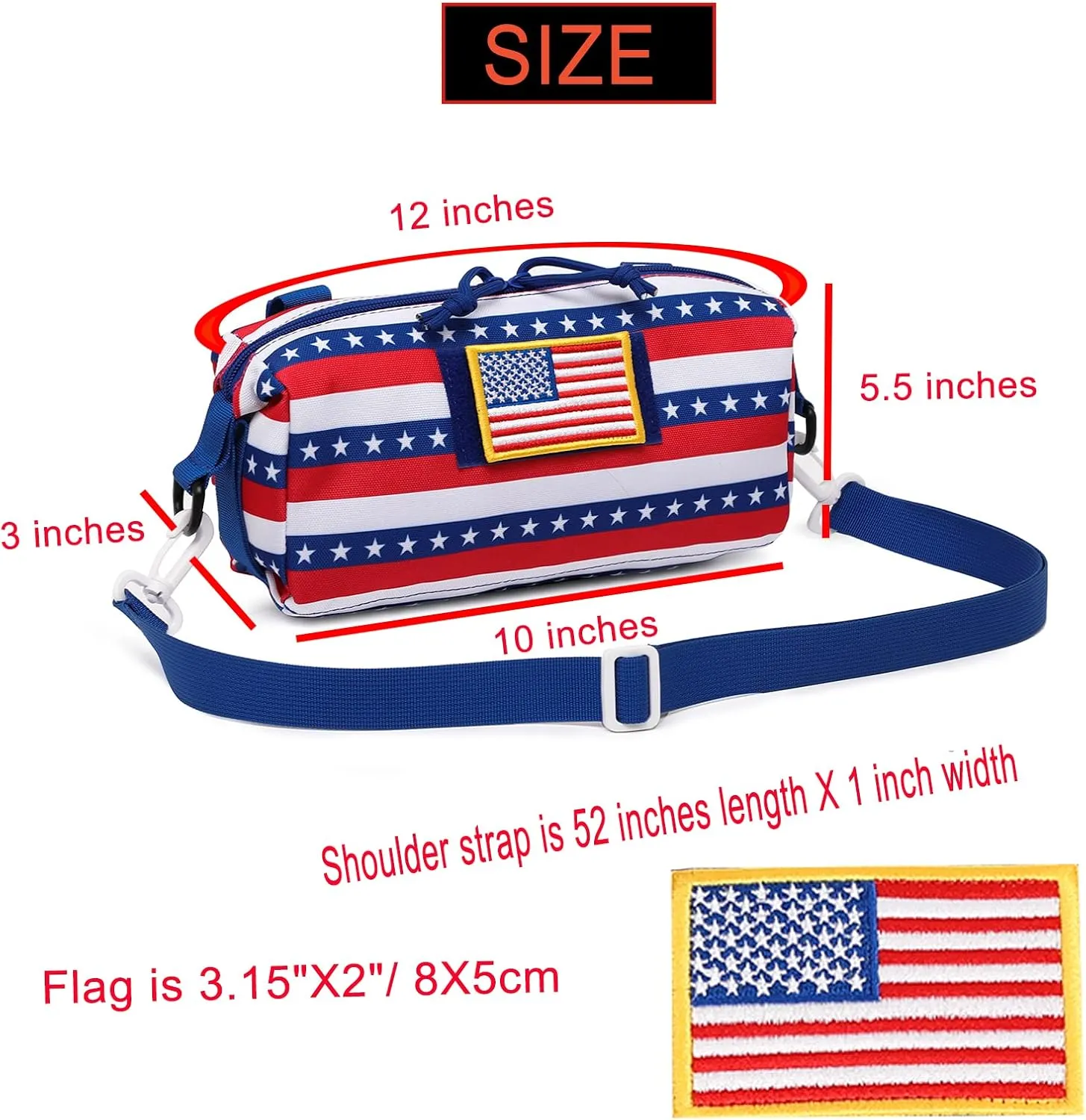 Tactical Increment Molle Pouch, Large Capacity Admin Utility Pouches, Horizontal Short Trips Bag, Multi-Purpose Sling Bag with Shoulder Strap and US Patch