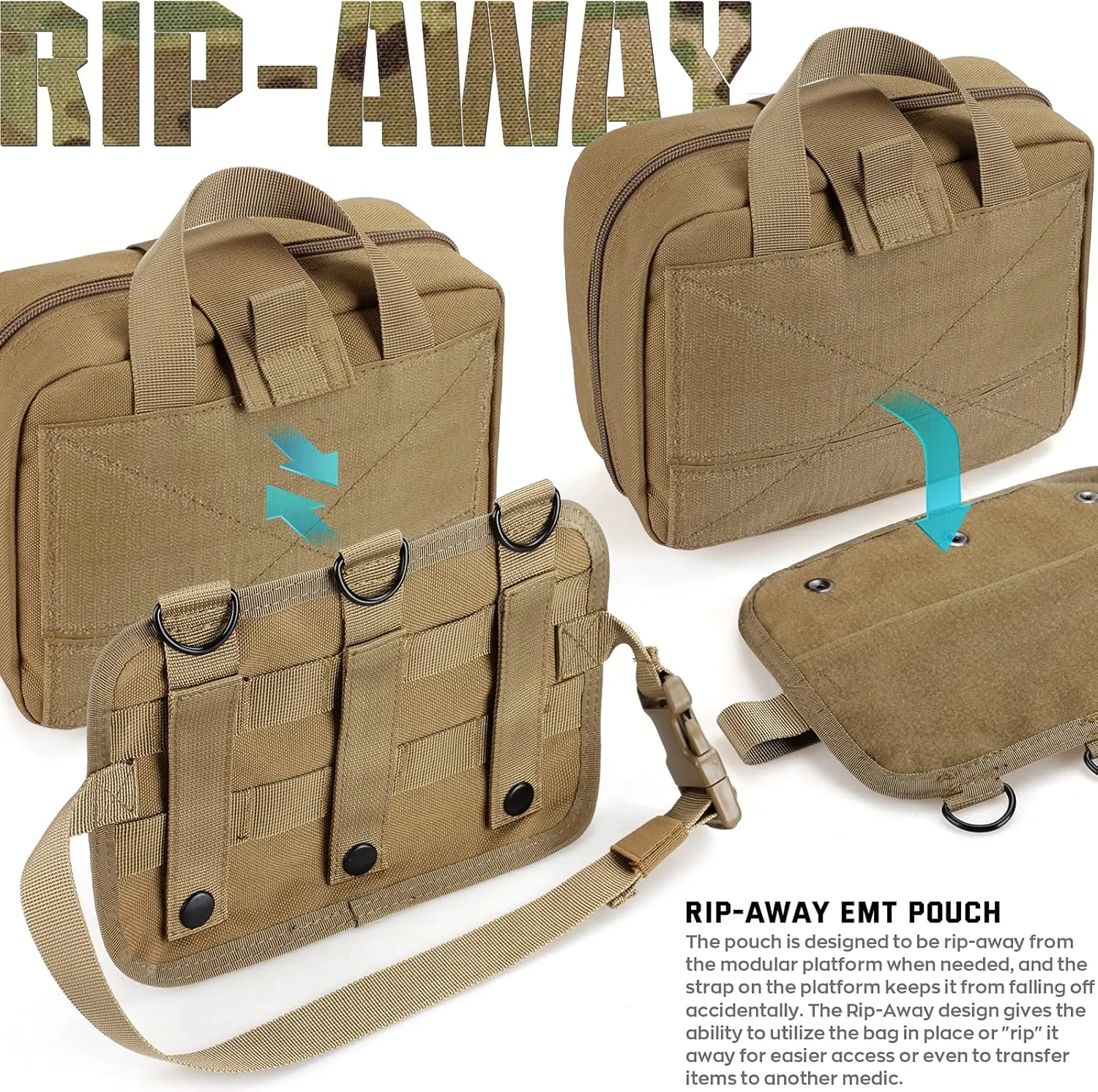 Tactical Molle Medical Pouch - Upgraded Size, Large Capacity IFAK Pouch with Detachable Quick Release and Headrest Mount, Includes Flag and Cross Patch