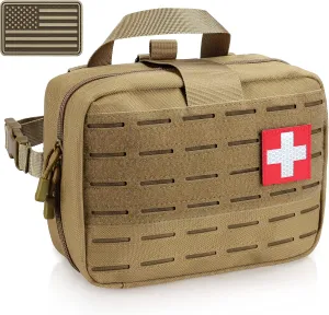 Tactical Molle Medical Pouch - Upgraded Size, Large Capacity IFAK Pouch with Detachable Quick Release and Headrest Mount, Includes Flag and Cross Patch