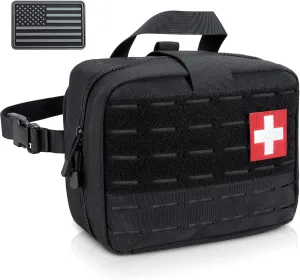Tactical Molle Medical Pouch - Upgraded Size, Large Capacity IFAK Pouch with Detachable Quick Release and Headrest Mount, Includes Flag and Cross Patch