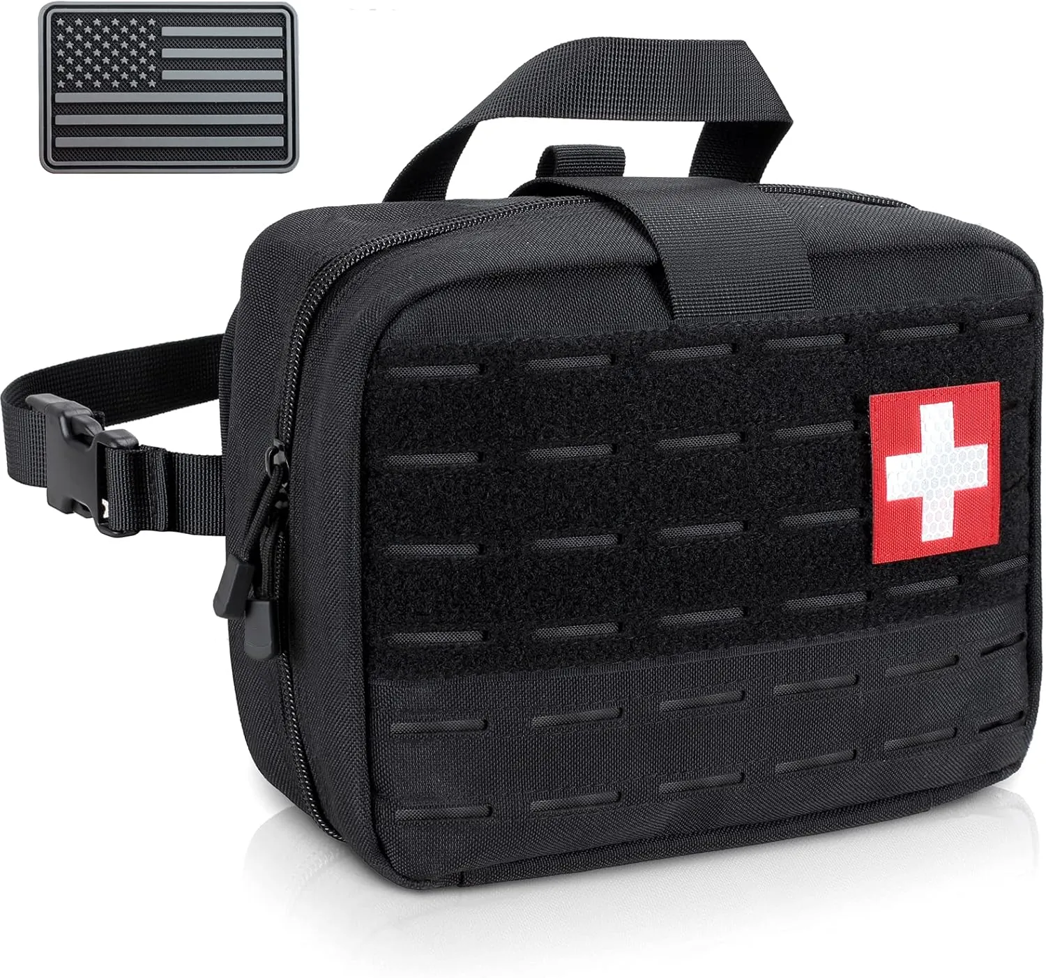 Tactical Molle Medical Pouch - Upgraded Size, Large Capacity IFAK Pouch with Detachable Quick Release and Headrest Mount, Includes Flag and Cross Patch