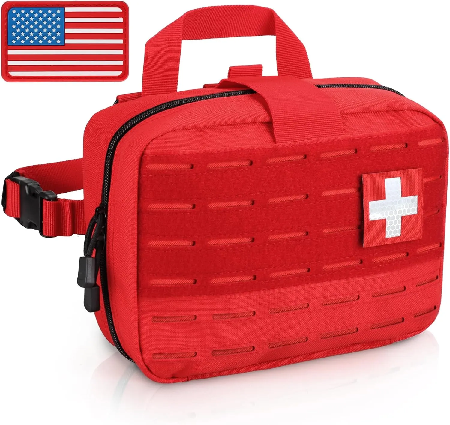 Tactical Molle Medical Pouch - Upgraded Size, Large Capacity IFAK Pouch with Detachable Quick Release and Headrest Mount, Includes Flag and Cross Patch