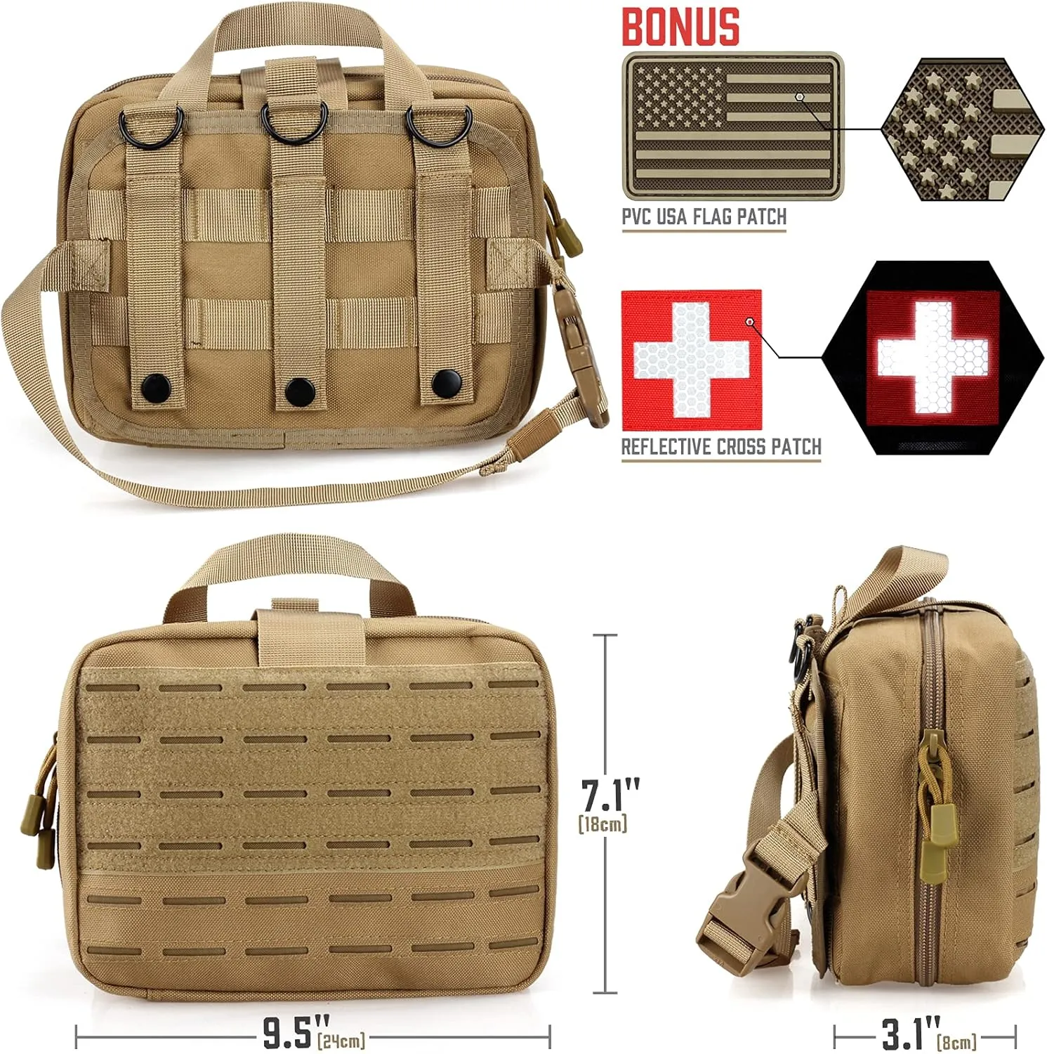 Tactical Molle Medical Pouch - Upgraded Size, Large Capacity IFAK Pouch with Detachable Quick Release and Headrest Mount, Includes Flag and Cross Patch