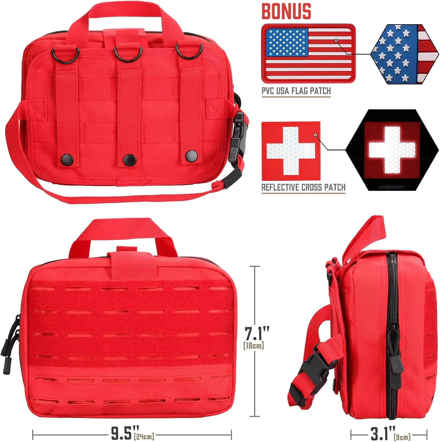 Tactical Molle Medical Pouch - Upgraded Size, Large Capacity IFAK Pouch with Detachable Quick Release and Headrest Mount, Includes Flag and Cross Patch