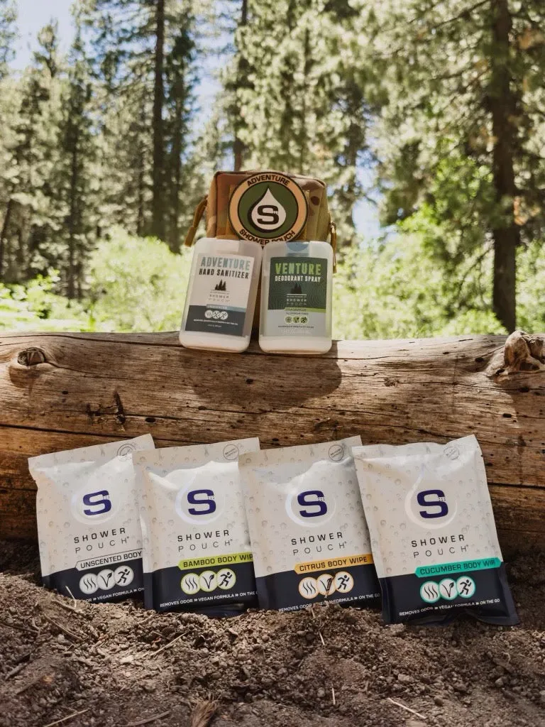 Tactical Molle Zipper Bag   Adventure Sampler Kit: 4 Shower Pouches, 1 Hand Sanitizer (80%), and 1 Deodorant