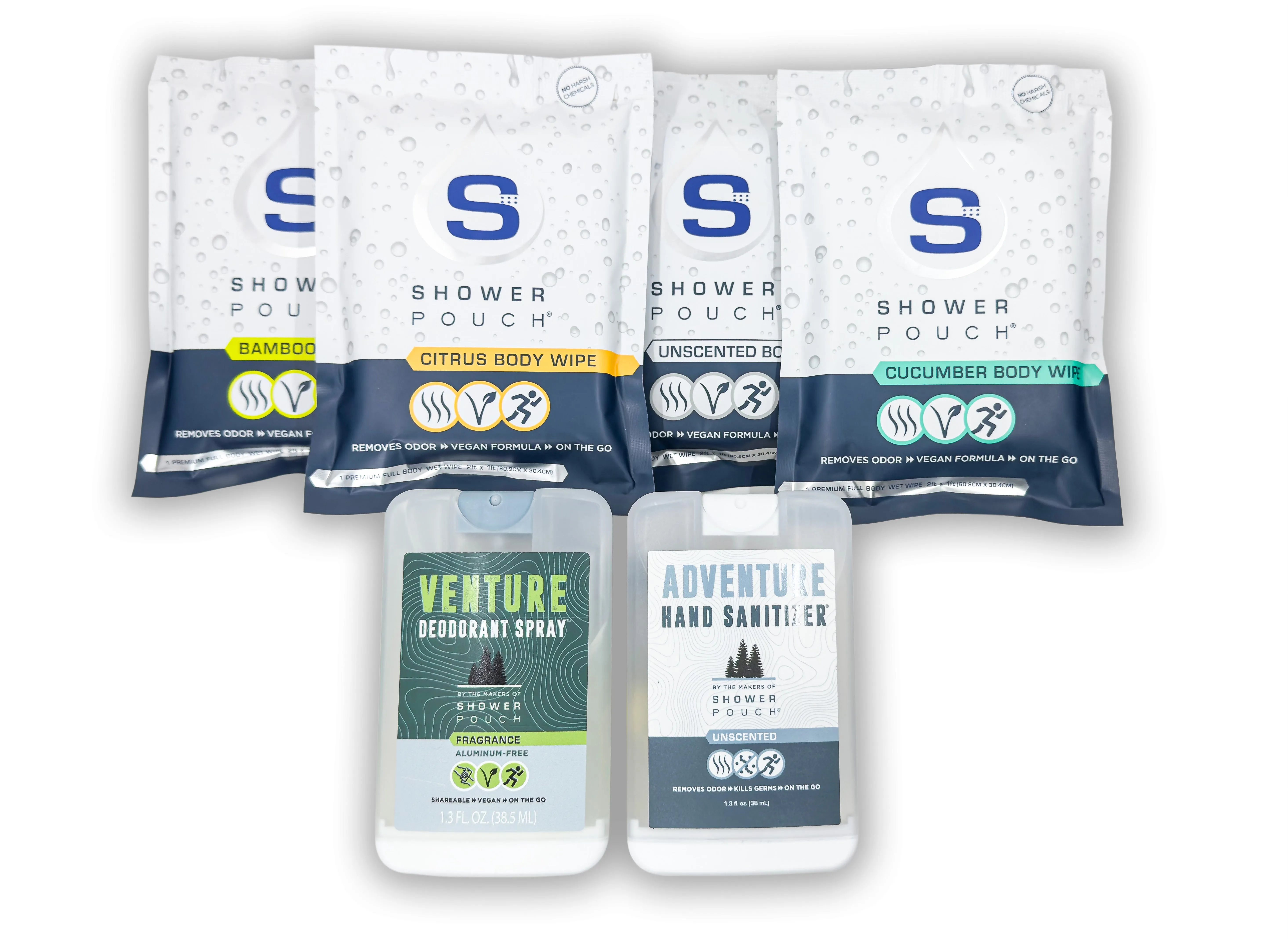 Tactical Molle Zipper Bag   Adventure Sampler Kit: 4 Shower Pouches, 1 Hand Sanitizer (80%), and 1 Deodorant