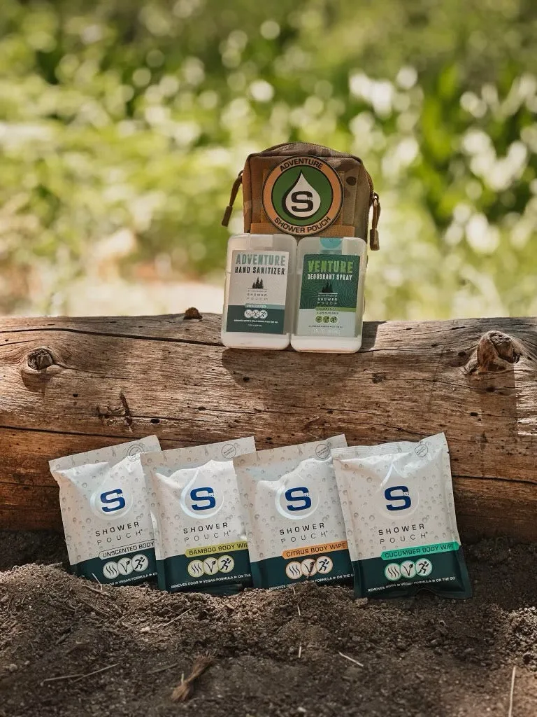 Tactical Molle Zipper Bag   Adventure Sampler Kit: 4 Shower Pouches, 1 Hand Sanitizer (80%), and 1 Deodorant