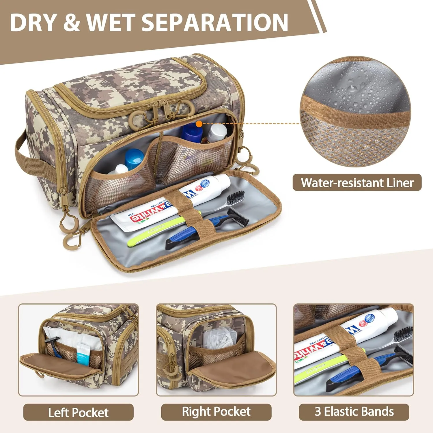 Tactical Toiletry Bag for Men, Hanging Hygiene Bag, Travel Dopp Kit Organizer for Shaving, Shower Essentials and Toiletries, Desert Yellow (Empty Bag)