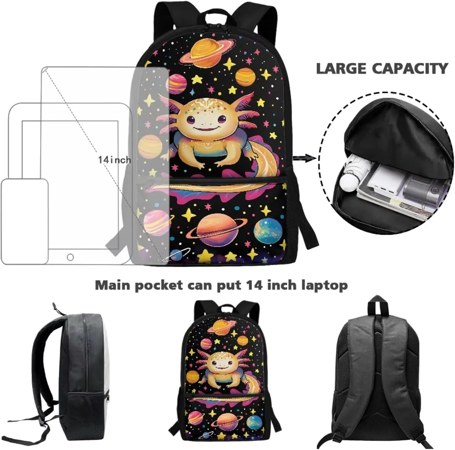 Talayituse Axolotl Planet Star Print Backpack for Teens Girls 3 in 1 Kids School Bag with Lunch Bag Pencil Case, 17 Inch Bookbag Bookpack for Elementary Middle High School Student