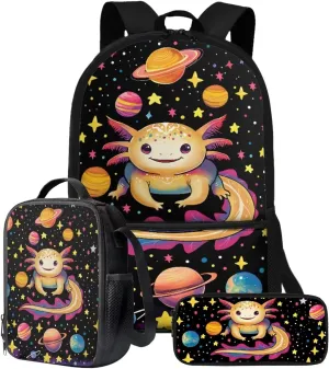 Talayituse Axolotl Planet Star Print Backpack for Teens Girls 3 in 1 Kids School Bag with Lunch Bag Pencil Case, 17 Inch Bookbag Bookpack for Elementary Middle High School Student