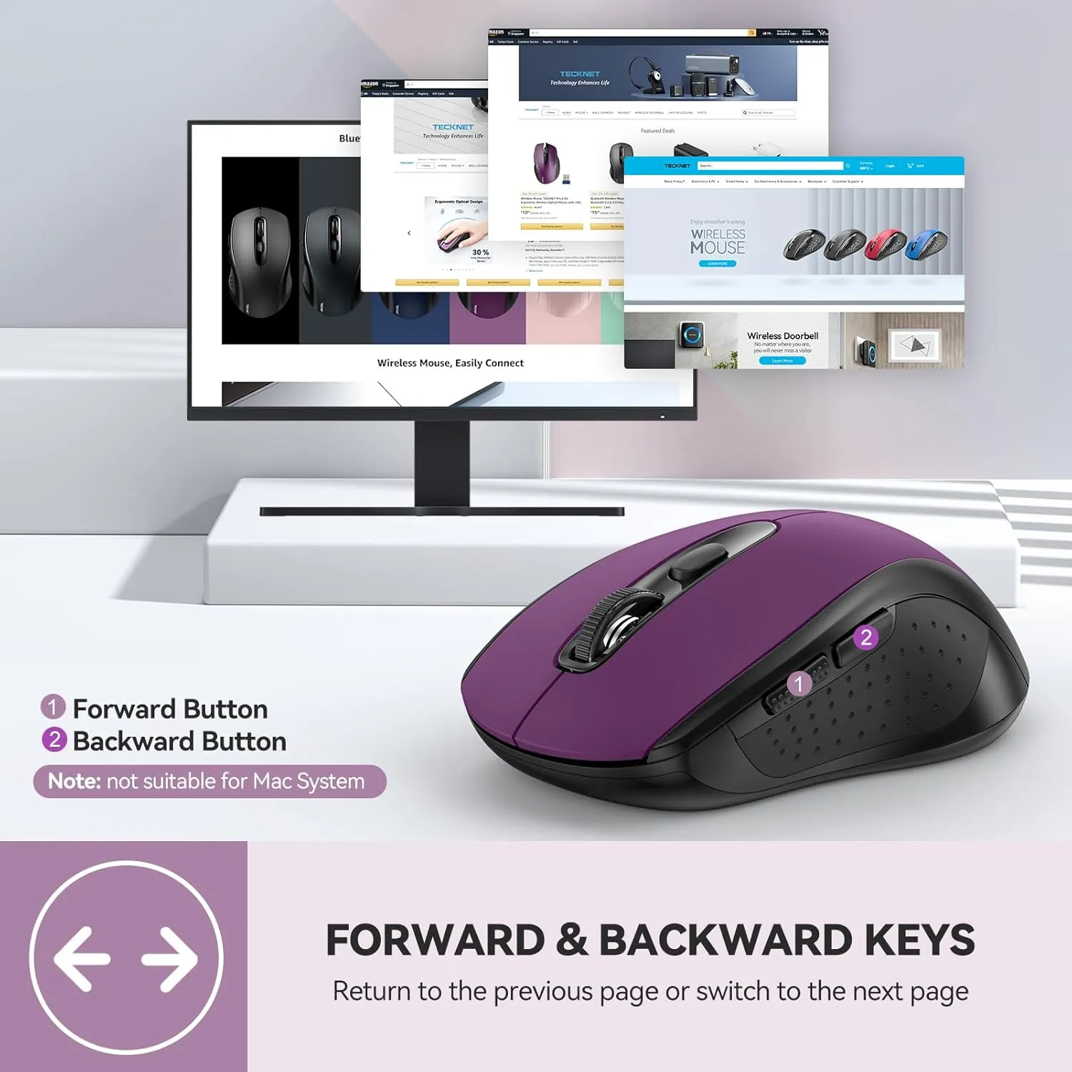 TECKNET Bluetooth Mouse, 4000DPI Wireless Mice for Laptop 2-in-1(BT 5.0/3.0 2.4Ghz) Computer Mouse with USB Receiver for Mac (USB-A/C Bluetooth, Purple)