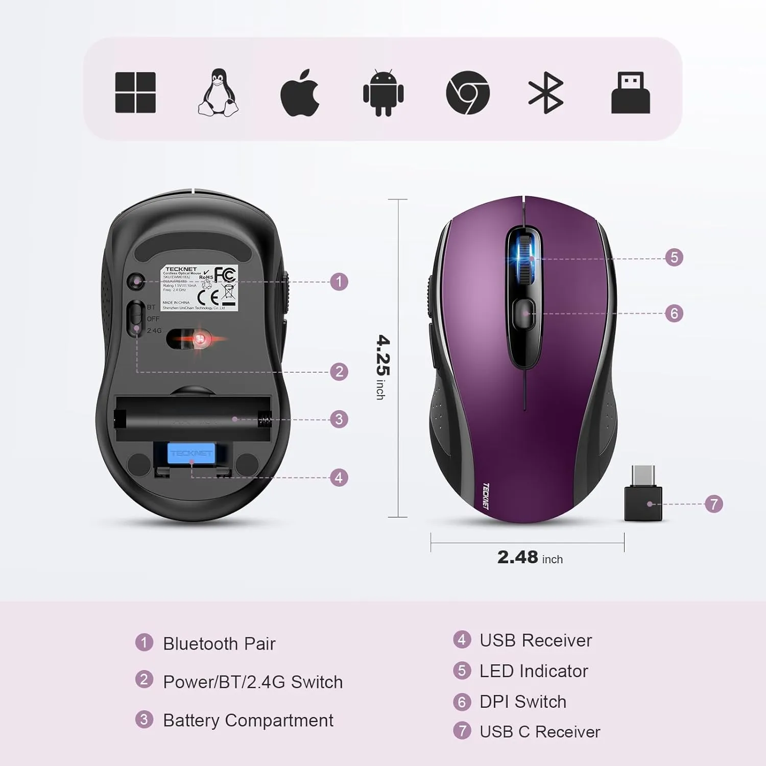 TECKNET Bluetooth Mouse, 4000DPI Wireless Mice for Laptop 2-in-1(BT 5.0/3.0 2.4Ghz) Computer Mouse with USB Receiver for Mac (USB-A/C Bluetooth, Purple)