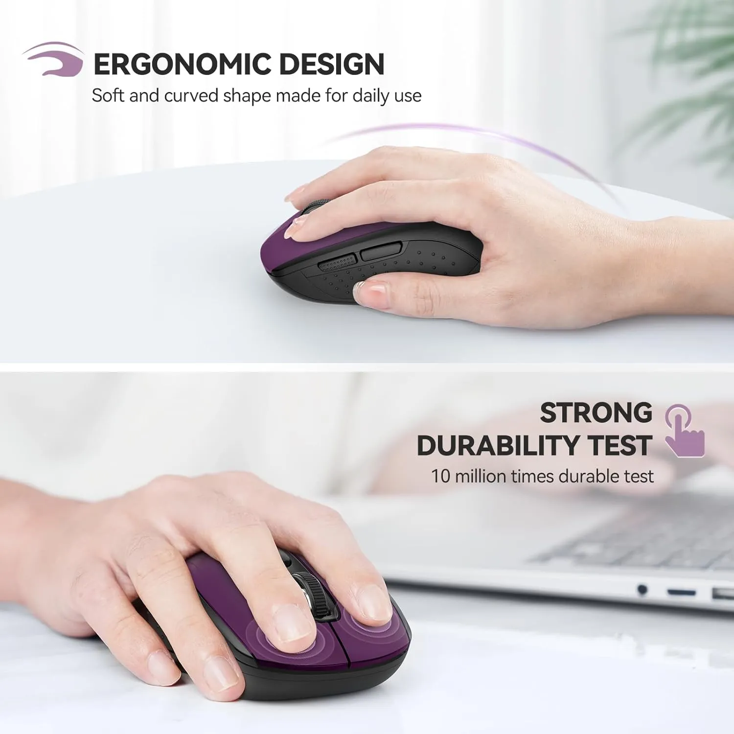 TECKNET Bluetooth Mouse, 4000DPI Wireless Mice for Laptop 2-in-1(BT 5.0/3.0 2.4Ghz) Computer Mouse with USB Receiver for Mac (USB-A/C Bluetooth, Purple)
