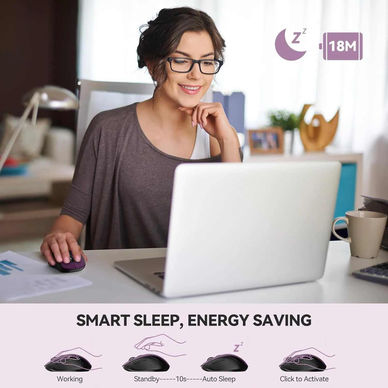 TECKNET Bluetooth Mouse, 4000DPI Wireless Mice for Laptop 2-in-1(BT 5.0/3.0 2.4Ghz) Computer Mouse with USB Receiver for Mac (USB-A/C Bluetooth, Purple)