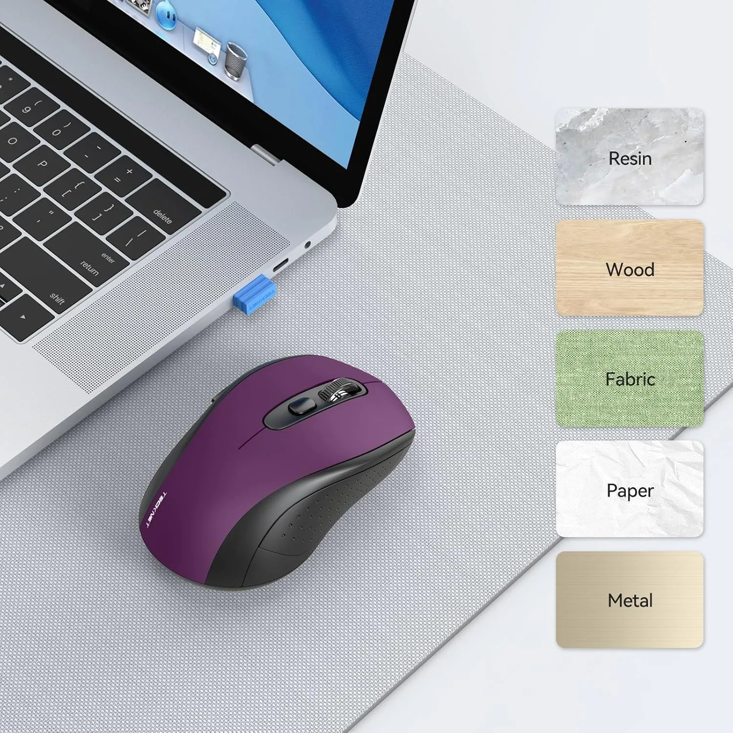 TECKNET Bluetooth Mouse, 4000DPI Wireless Mice for Laptop 2-in-1(BT 5.0/3.0 2.4Ghz) Computer Mouse with USB Receiver for Mac (USB-A/C Bluetooth, Purple)
