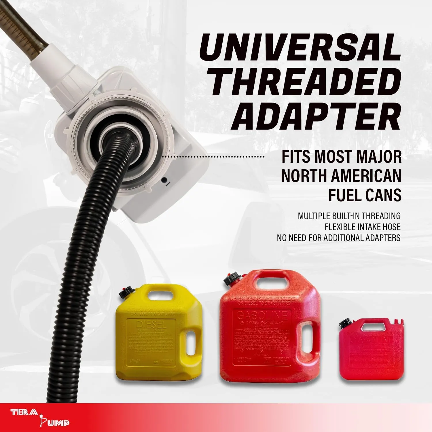 TERA PUMP TRFA03 Universal Gas Can Adapter Battery Powered Fuel Transfer Pump (2.6 GPM) No Spill Sensor, 3.28 ft Vinyl Hose, Power Nozzle, 4 x AA Power