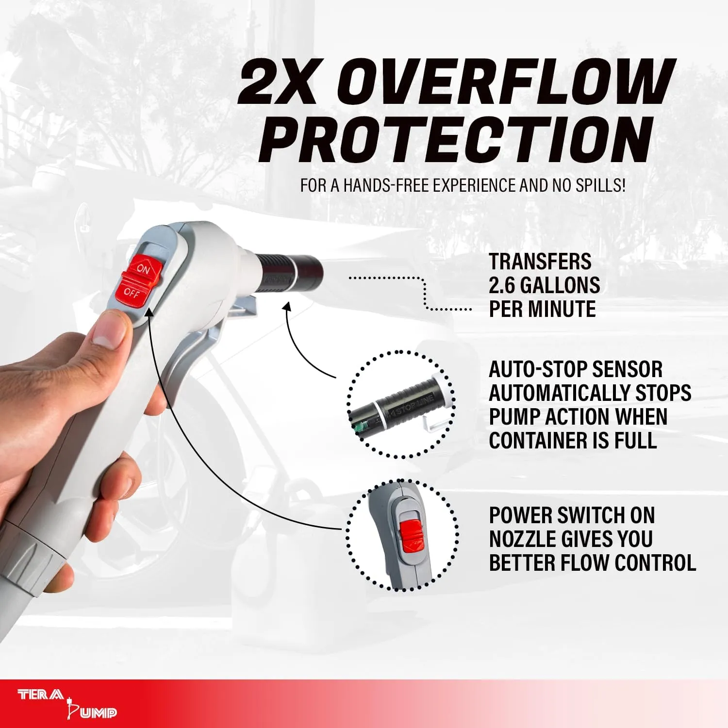 TERA PUMP TRFA03 Universal Gas Can Adapter Battery Powered Fuel Transfer Pump (2.6 GPM) No Spill Sensor, 3.28 ft Vinyl Hose, Power Nozzle, 4 x AA Power