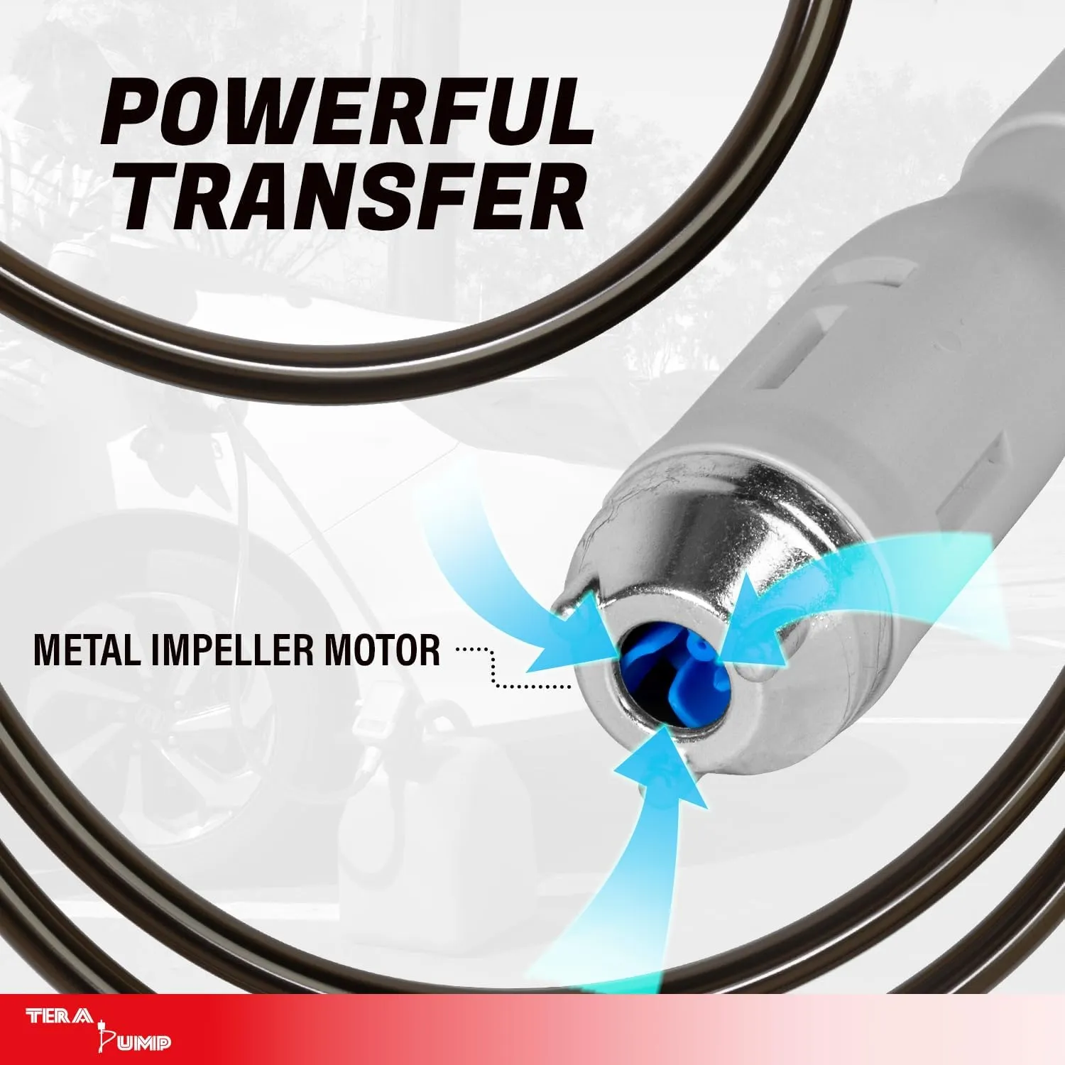 TERA PUMP TRFA03 Universal Gas Can Adapter Battery Powered Fuel Transfer Pump (2.6 GPM) No Spill Sensor, 3.28 ft Vinyl Hose, Power Nozzle, 4 x AA Power