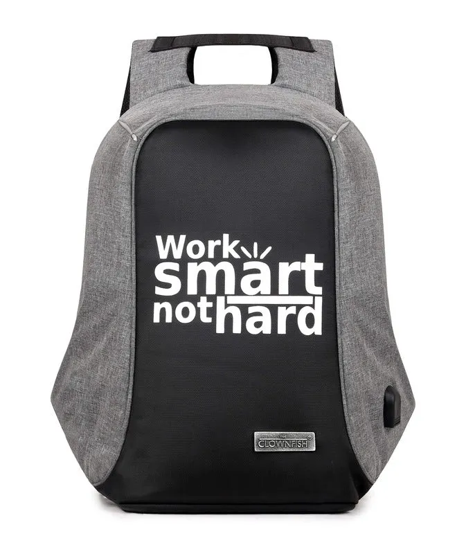 THE CLOWNFISH Work Smart Anti Theft Backpack - Water Resistant, USB Hub | *Up to 14 inches* | Grey