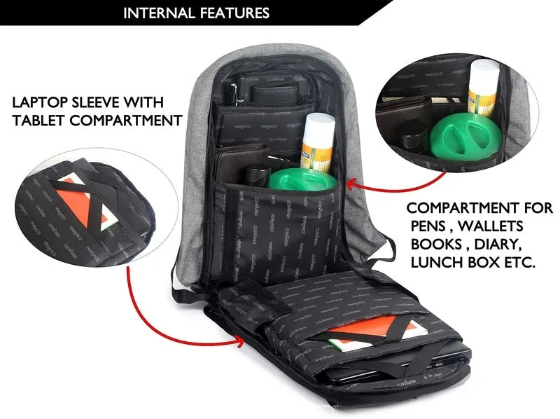 THE CLOWNFISH Work Smart Anti Theft Backpack - Water Resistant, USB Hub | *Up to 14 inches* | Grey