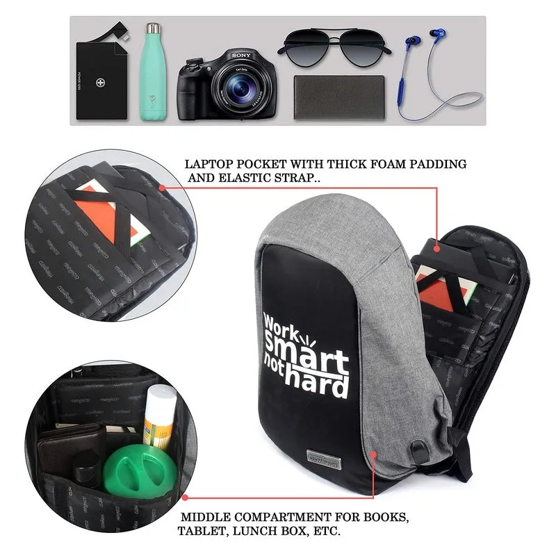 THE CLOWNFISH Work Smart Anti Theft Backpack - Water Resistant, USB Hub | *Up to 14 inches* | Grey