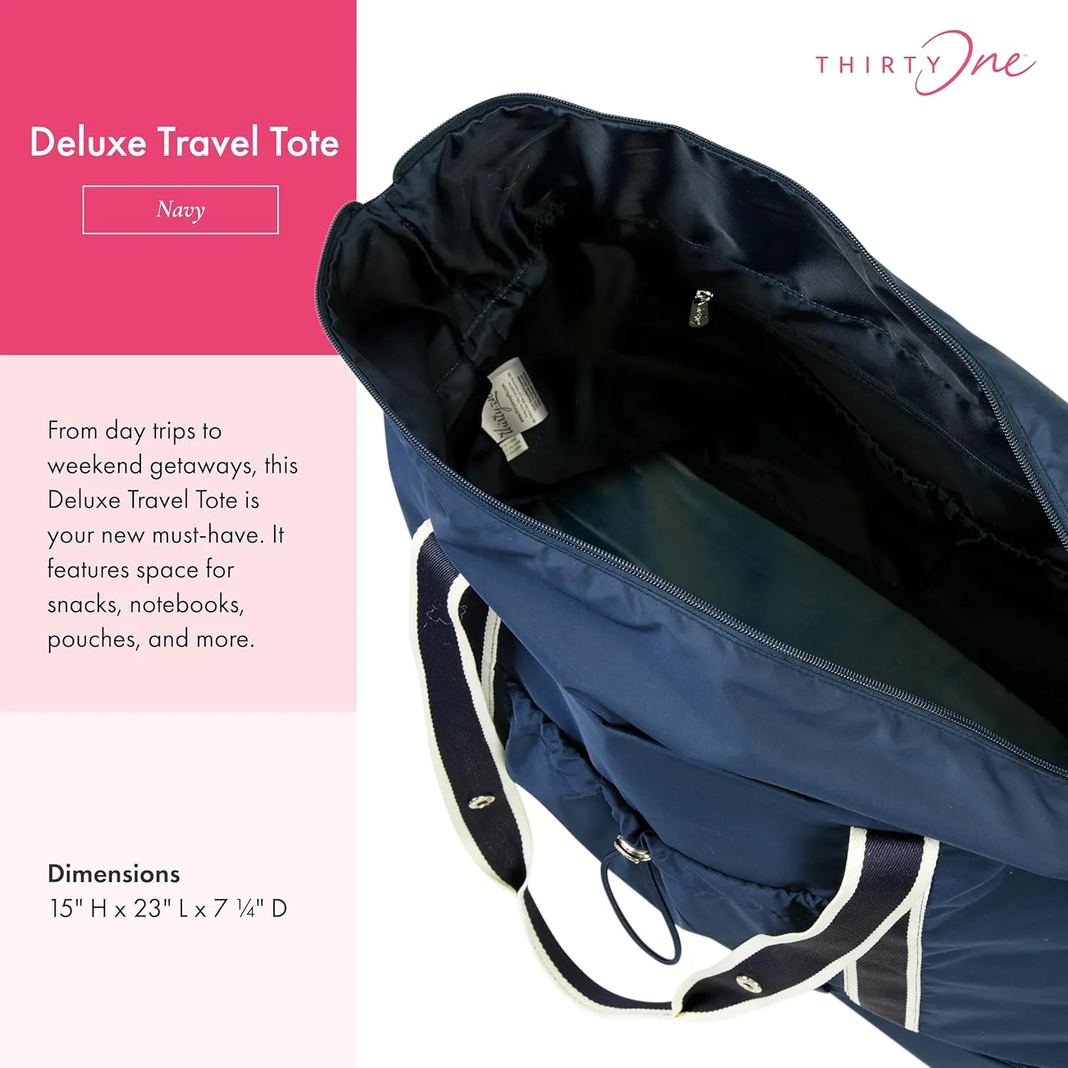 THIRTY-ONE Gifts Deluxe Travel Tote Bag, Multiple-Pocket Tote Bag for Travel and Work, Navy