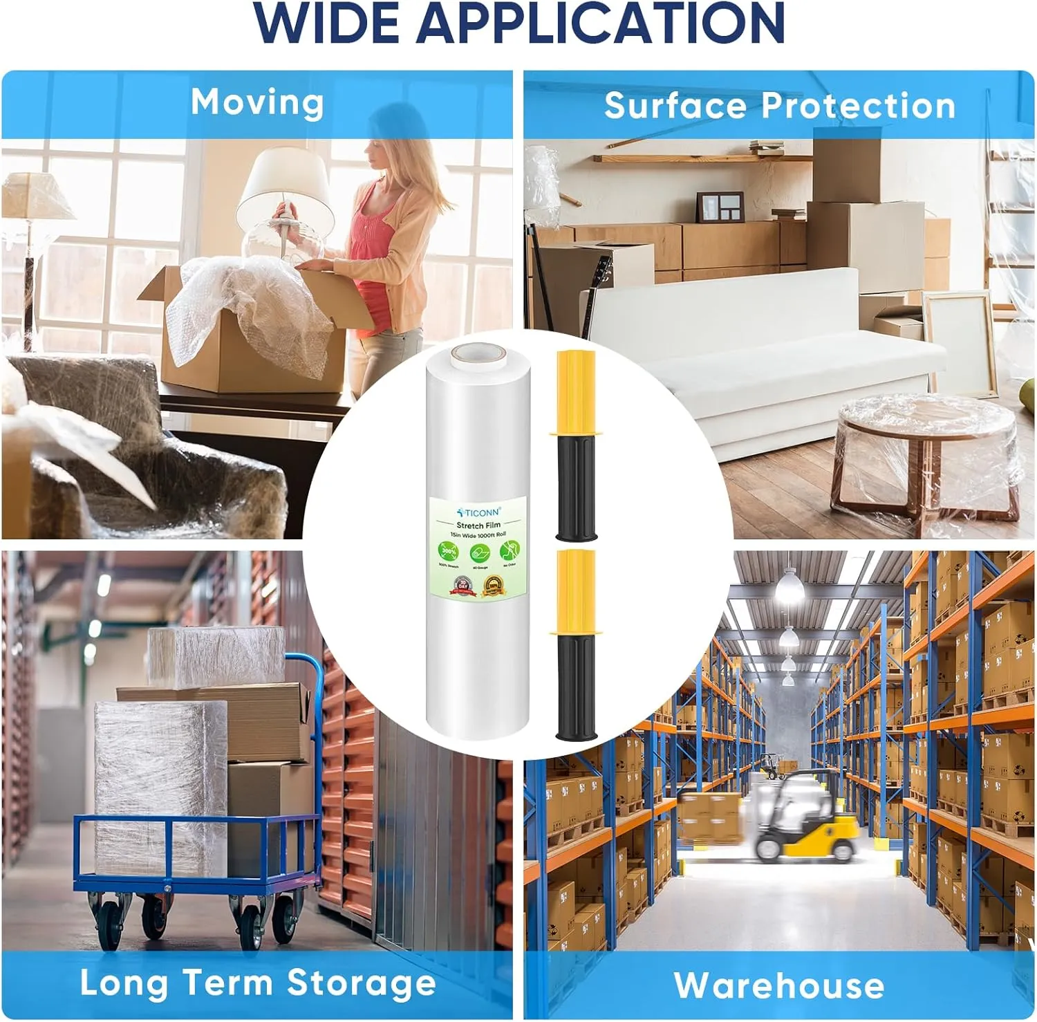 TICONN Stretch Wrap Stretch Film Roll, 1000ft Industrial Strength 15 inch Wide Clear Plastic Wrap with Handles for Pallet Wrapping Shipping Moving