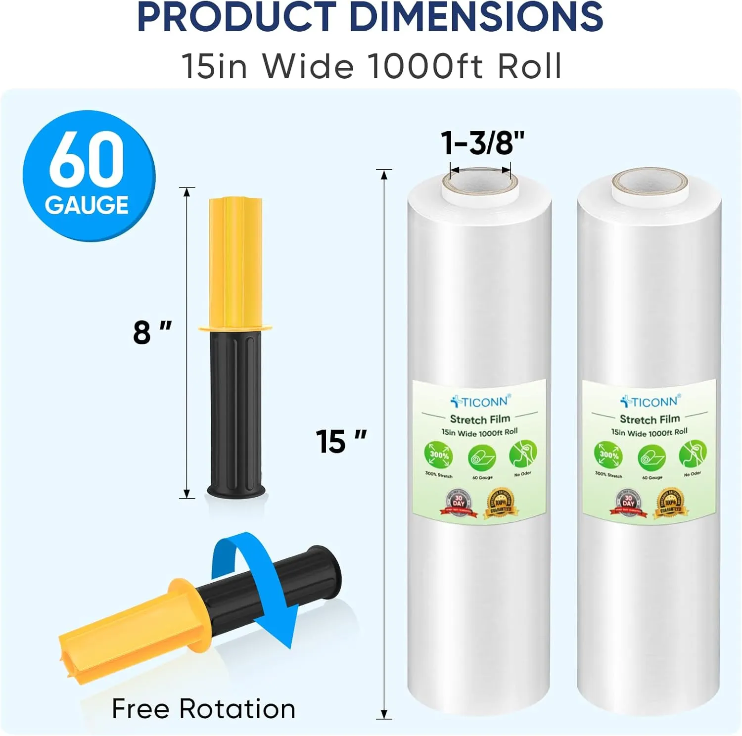 TICONN Stretch Wrap Stretch Film Roll, 1000ft Industrial Strength 15 inch Wide Clear Plastic Wrap with Handles for Pallet Wrapping Shipping Moving
