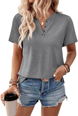 TICTICMIMI Women's V Neck Short Sleeve Tops Summer Casual Cute Loose Fit Button T Shirts