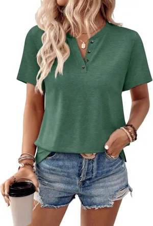 TICTICMIMI Women's V Neck Short Sleeve Tops Summer Casual Cute Loose Fit Button T Shirts