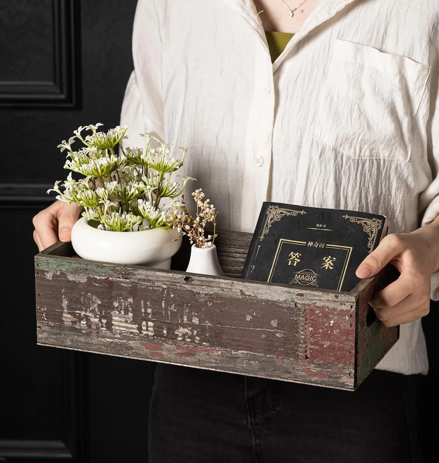 TIMRIS Farmhouse Distressed Wooden Storage Box, Rustic Bathroom Decor Box, Decorative Toilet Tank Basket Nice Butt, Solid Reclaimed Wood Organizer Box with Handles (Random)