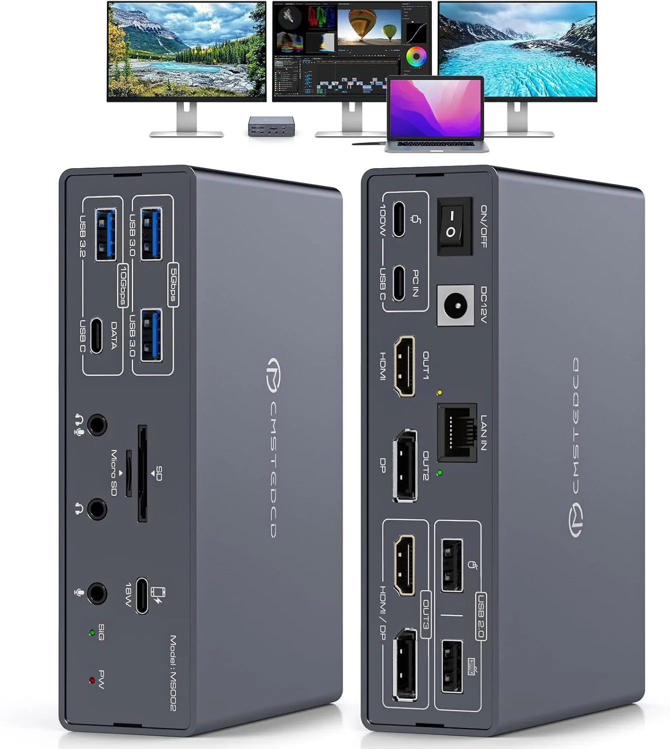 TJCXELE Displaylink Docking Station 4K Triple Monitors for MacBook M1 M2 M3 M4/Windows, 19-in-1 USB3.0 USBC Laptop Dock 3 Monitors with 2HDMI&2DP,PD 100W/10G USB/Ethernet/Card Readers/Audio