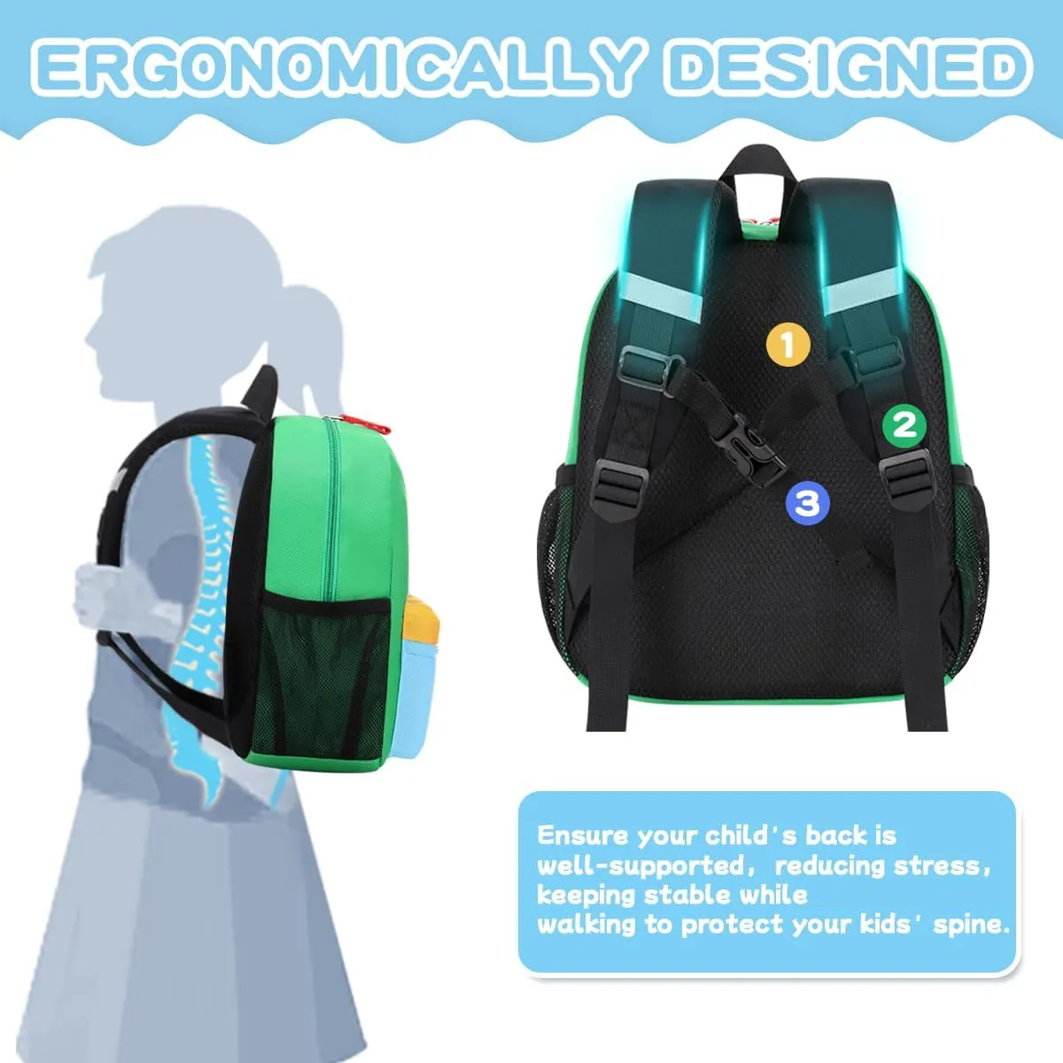 Toddler Backpack, 12'' Mini Preschool Backpack for 2-4 years old Kindergarten Boys and Girls Small Bookbag with Chest Buckle and Reflective Strip,Green and Blue