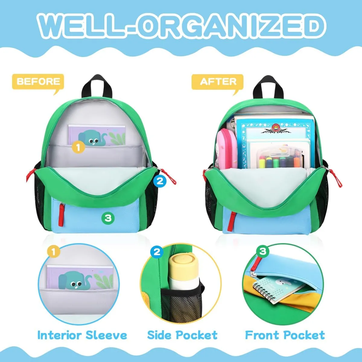 Toddler Backpack, 12'' Mini Preschool Backpack for 2-4 years old Kindergarten Boys and Girls Small Bookbag with Chest Buckle and Reflective Strip,Green and Blue