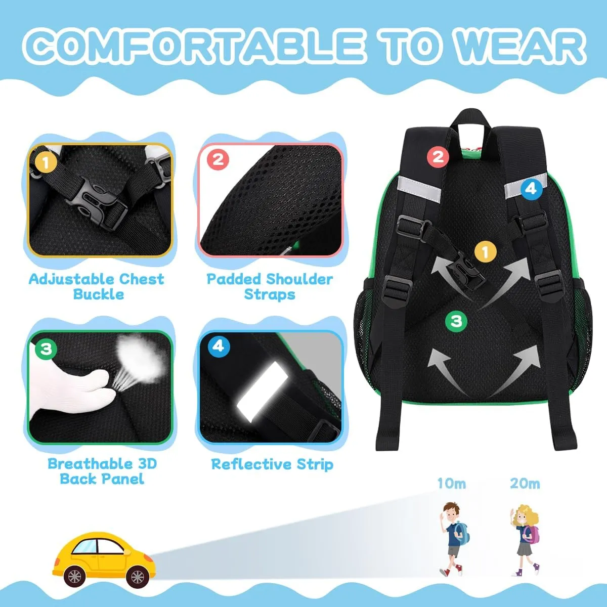 Toddler Backpack, 12'' Mini Preschool Backpack for 2-4 years old Kindergarten Boys and Girls Small Bookbag with Chest Buckle and Reflective Strip,Green and Blue