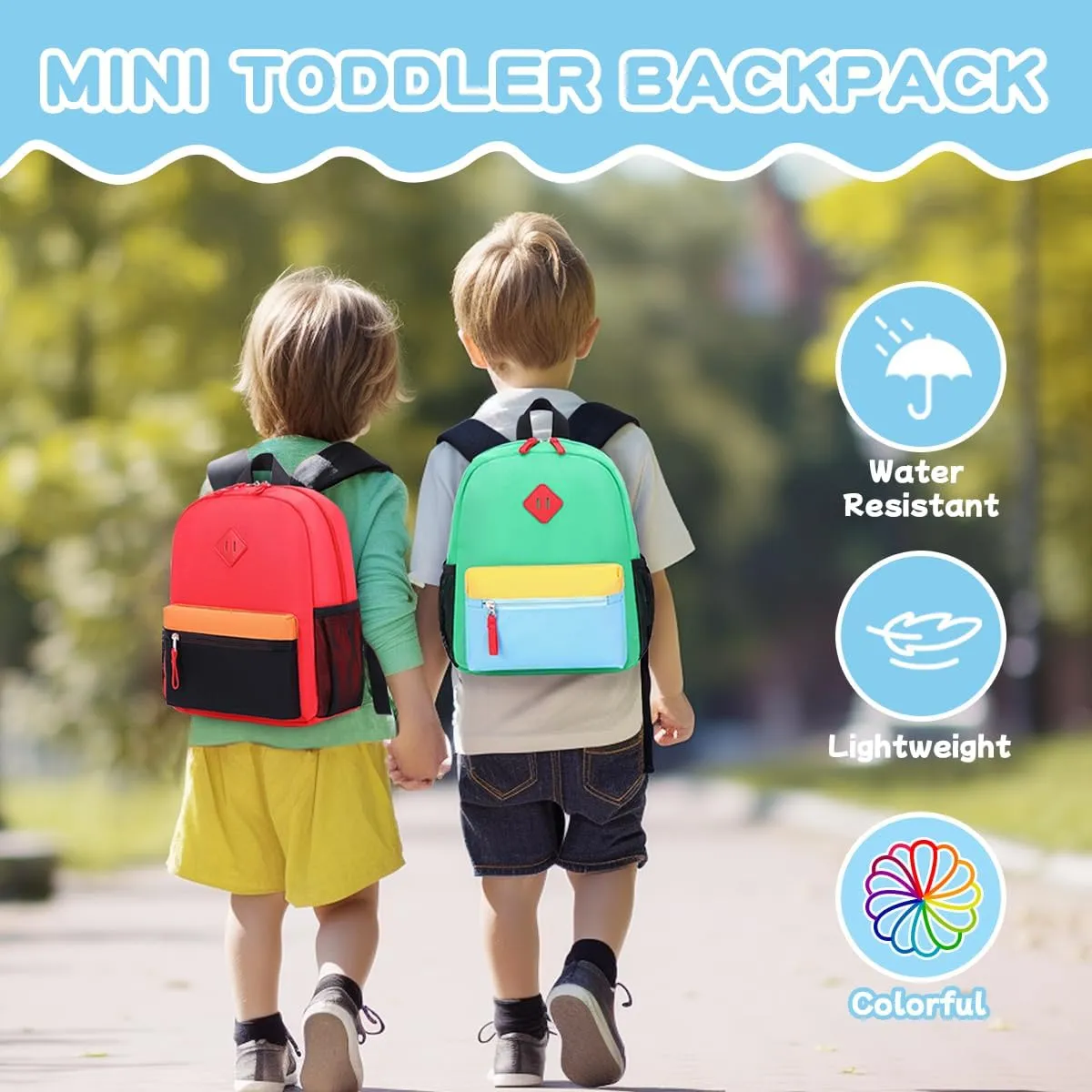 Toddler Backpack, 12'' Mini Preschool Backpack for 2-4 years old Kindergarten Boys and Girls Small Bookbag with Chest Buckle and Reflective Strip,Green and Blue