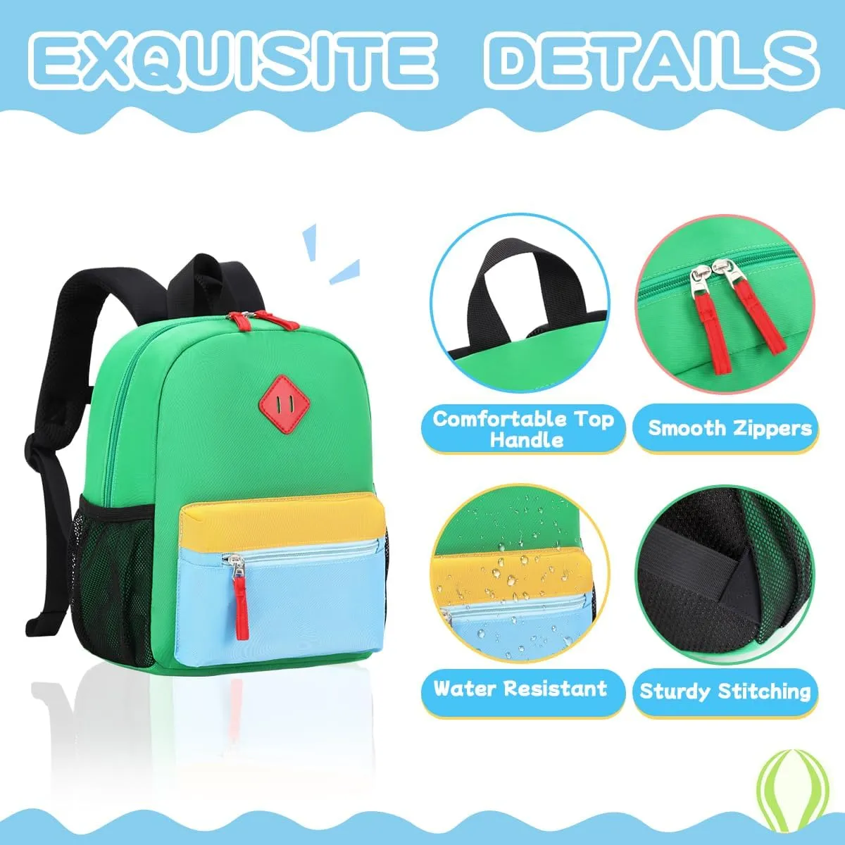 Toddler Backpack, 12'' Mini Preschool Backpack for 2-4 years old Kindergarten Boys and Girls Small Bookbag with Chest Buckle and Reflective Strip,Green and Blue