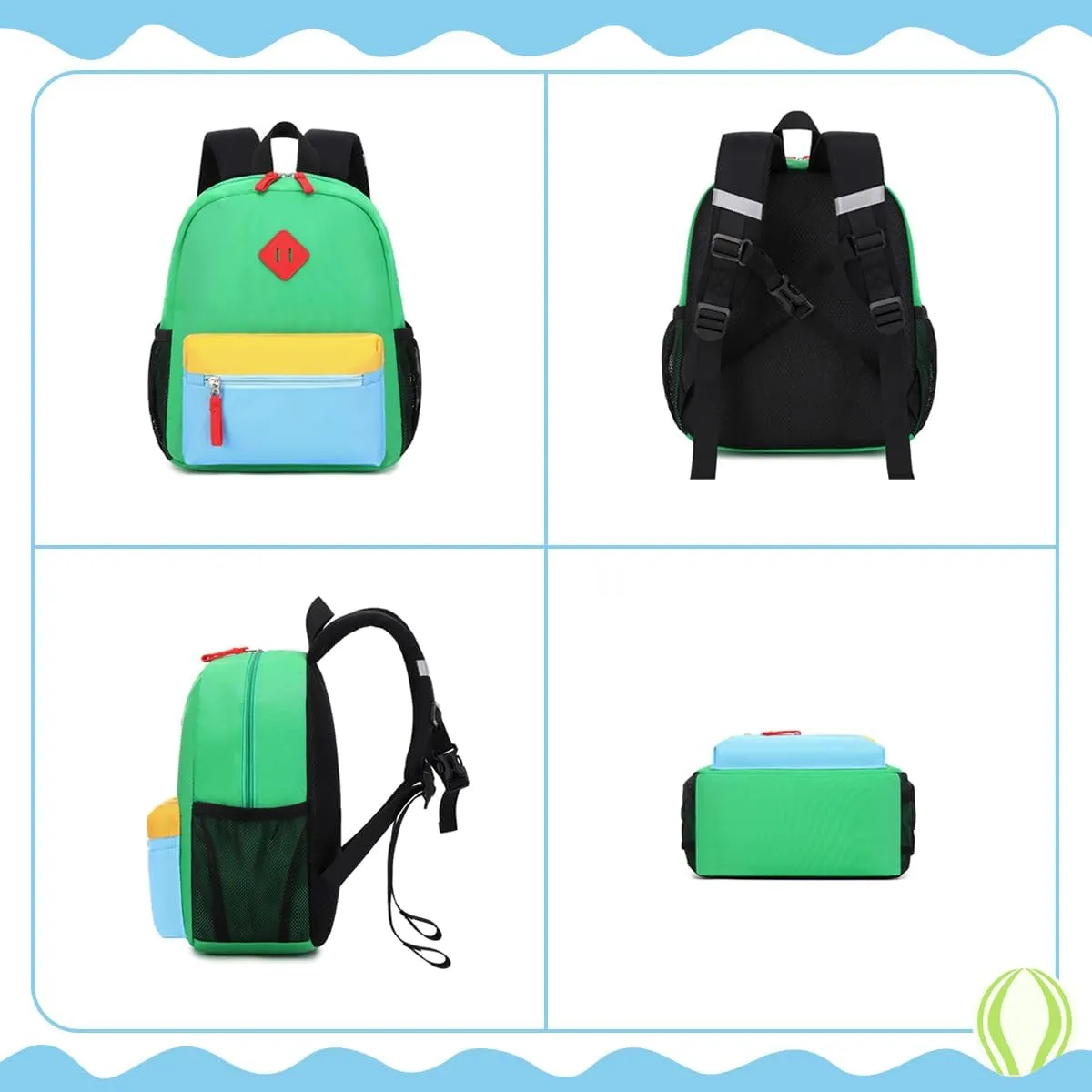 Toddler Backpack, 12'' Mini Preschool Backpack for 2-4 years old Kindergarten Boys and Girls Small Bookbag with Chest Buckle and Reflective Strip,Green and Blue