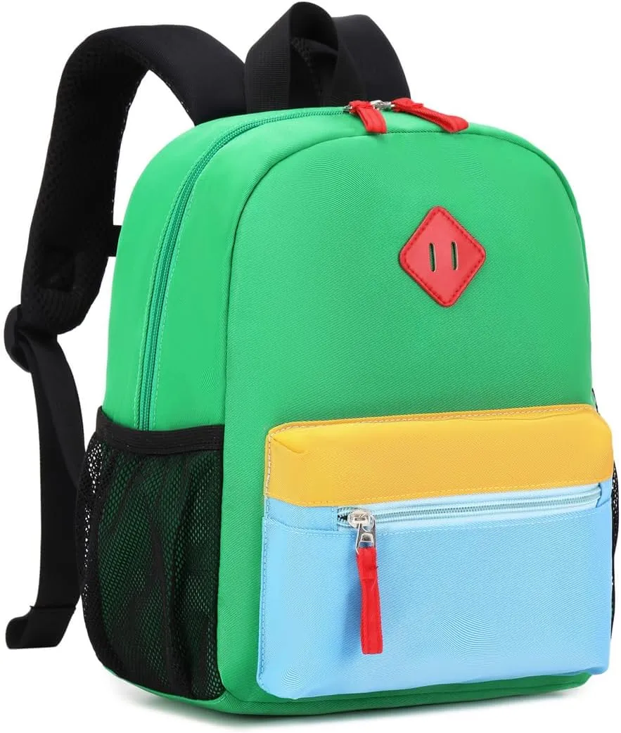 Toddler Backpack, 12'' Mini Preschool Backpack for 2-4 years old Kindergarten Boys and Girls Small Bookbag with Chest Buckle and Reflective Strip,Green and Blue