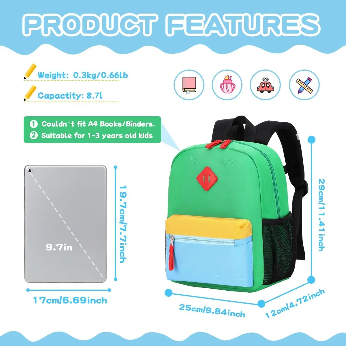 Toddler Backpack, 12'' Mini Preschool Backpack for 2-4 years old Kindergarten Boys and Girls Small Bookbag with Chest Buckle and Reflective Strip,Green and Blue