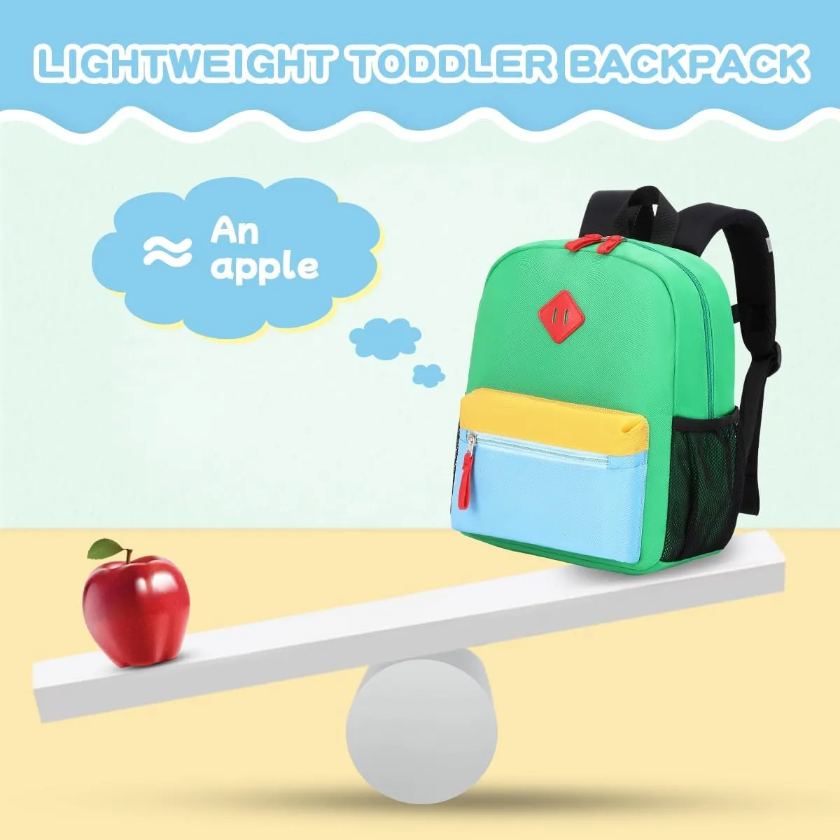 Toddler Backpack, 12'' Mini Preschool Backpack for 2-4 years old Kindergarten Boys and Girls Small Bookbag with Chest Buckle and Reflective Strip,Green and Blue