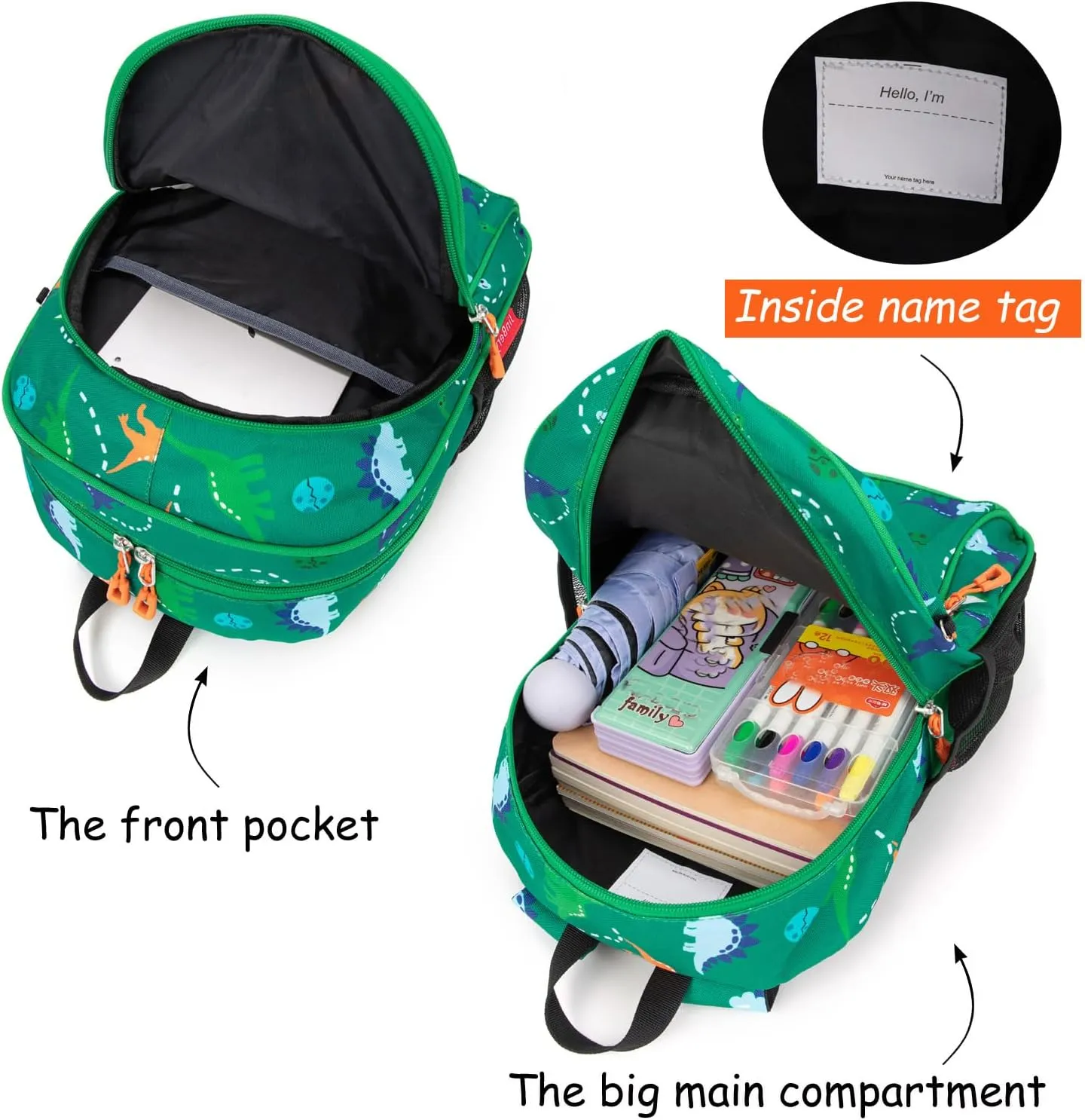 Toddler Backpack Boys, 15 Inch Kids Backpack for Preschool or Kindergarten, Dinosaur Green