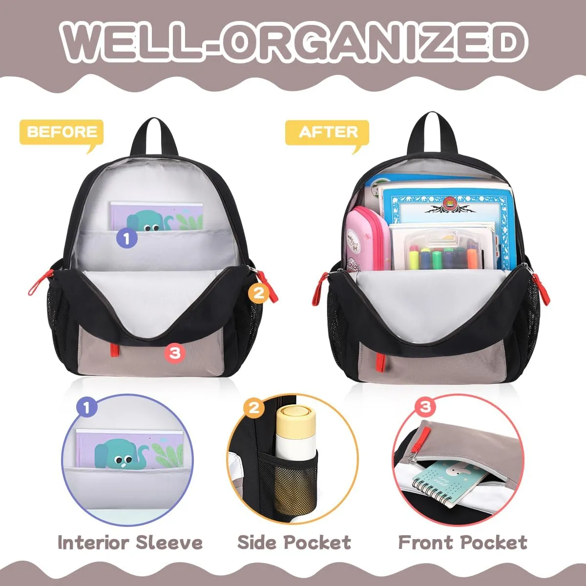 Toddler Backpack for Boys Girls, 12'' Mini Preschool Backpack for Kids Age 2-4 Years Old Small Toddler Bookbag for Kindergarten with Chest Buckle and Reflective Strip,Black and Grey