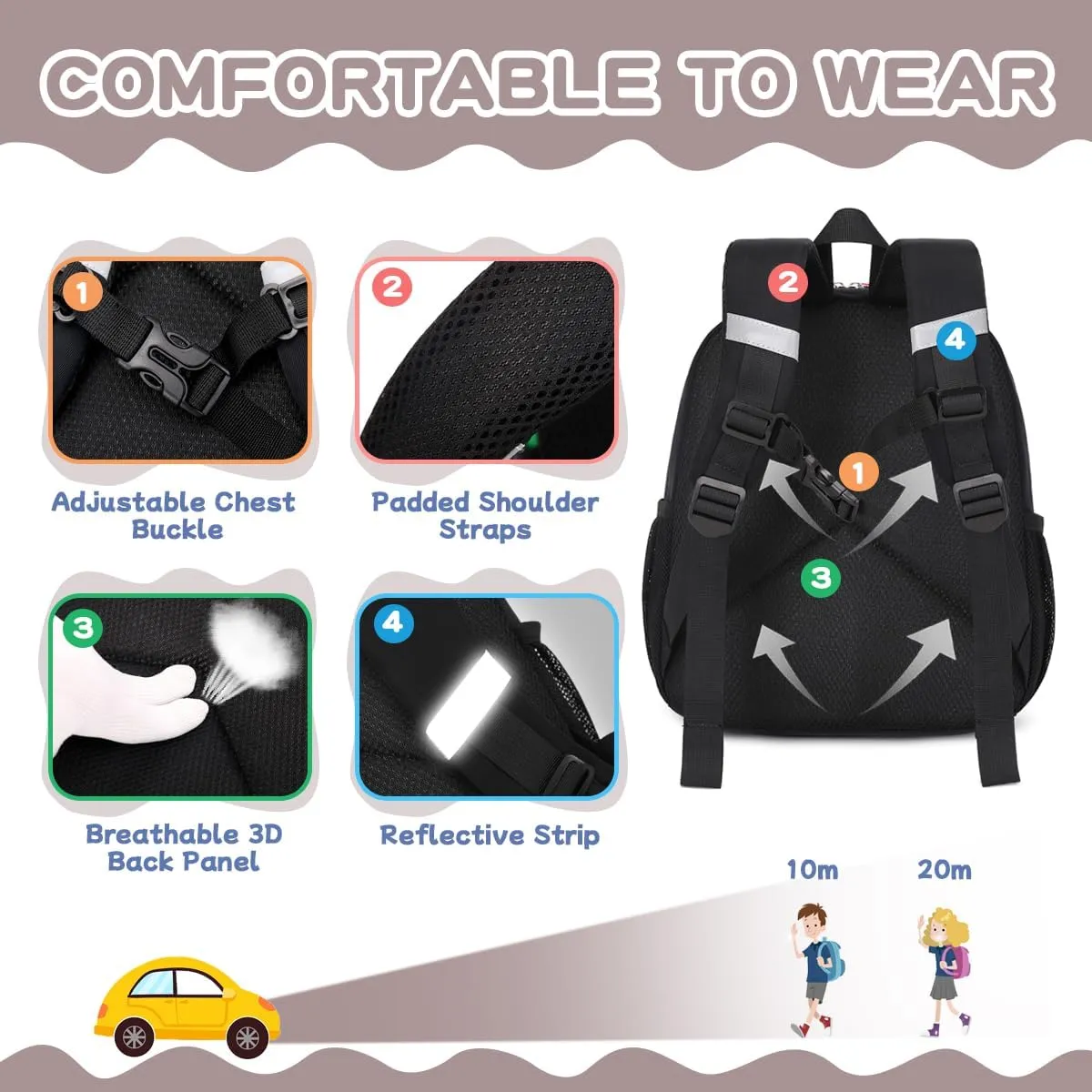 Toddler Backpack for Boys Girls, 12'' Mini Preschool Backpack for Kids Age 2-4 Years Old Small Toddler Bookbag for Kindergarten with Chest Buckle and Reflective Strip,Black and Grey
