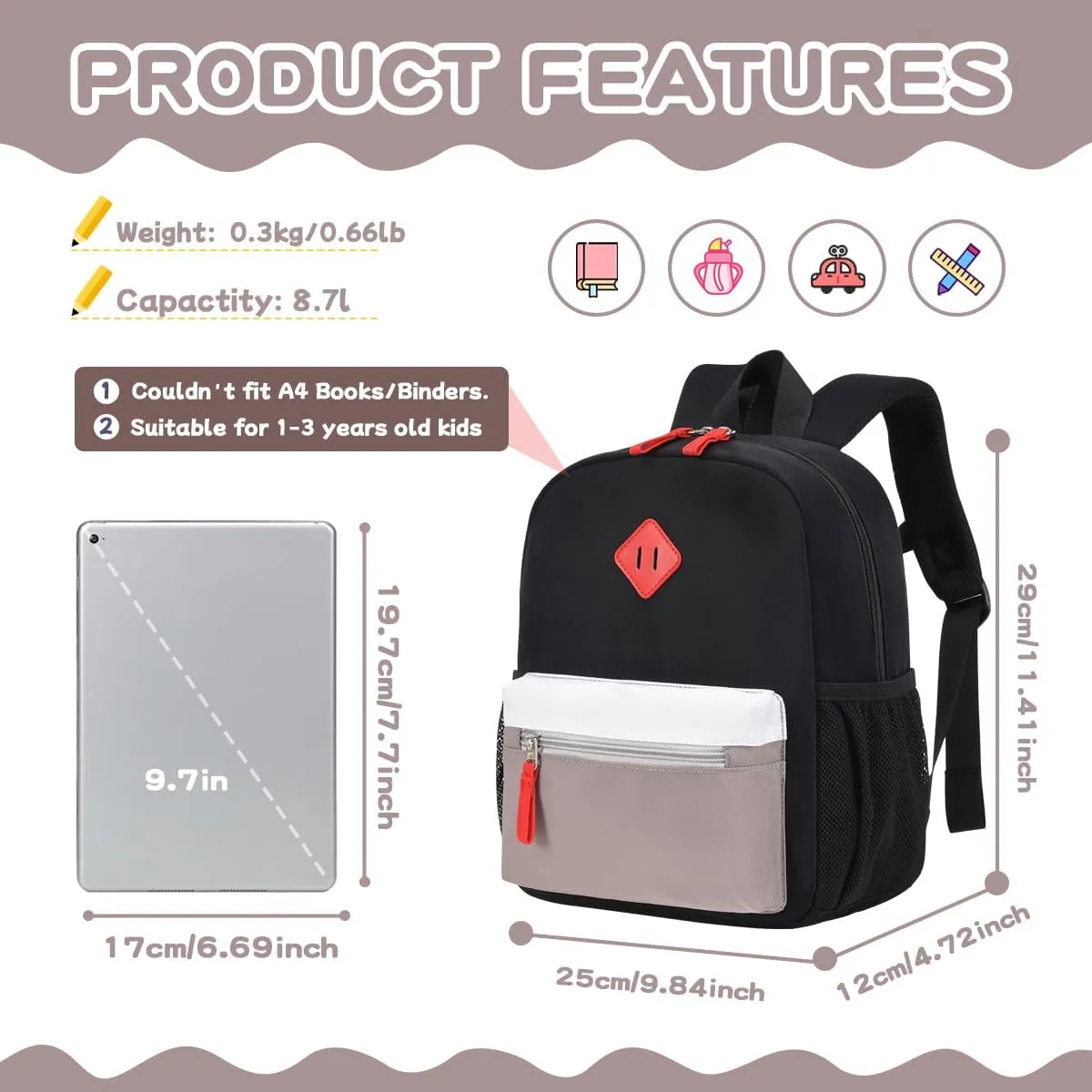 Toddler Backpack for Boys Girls, 12'' Mini Preschool Backpack for Kids Age 2-4 Years Old Small Toddler Bookbag for Kindergarten with Chest Buckle and Reflective Strip,Black and Grey