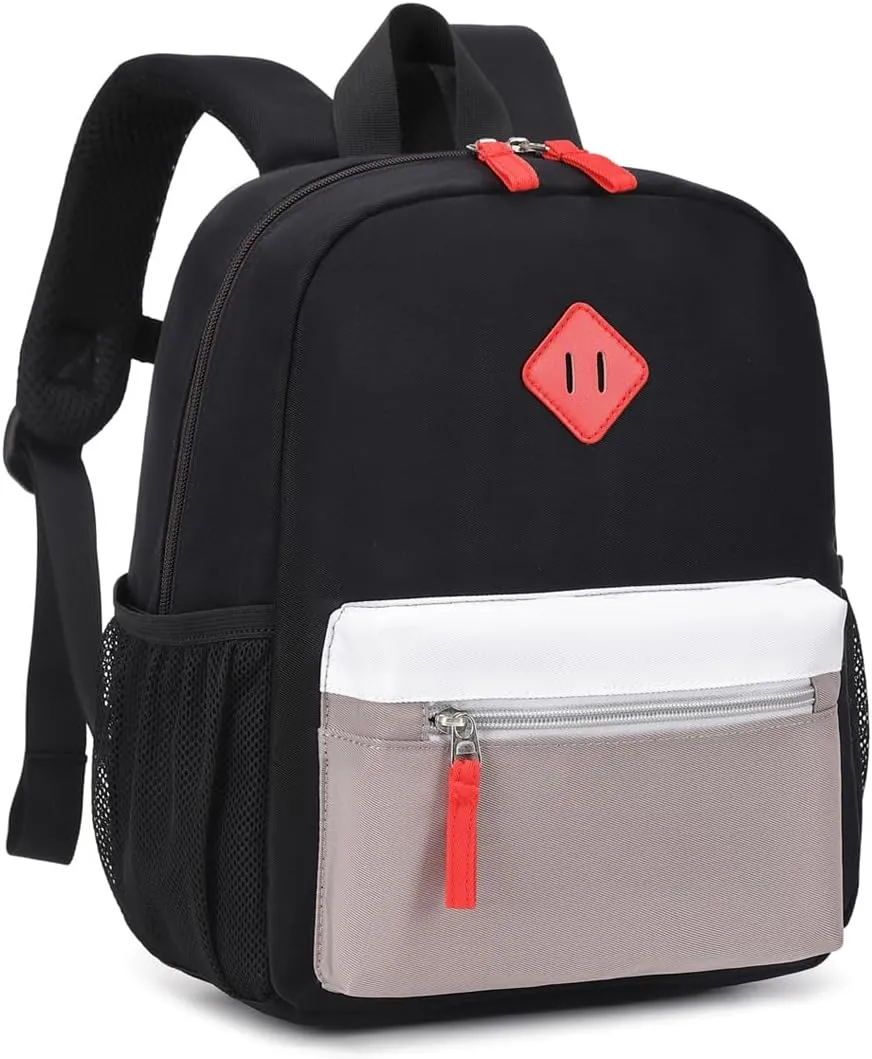 Toddler Backpack for Boys Girls, 12'' Mini Preschool Backpack for Kids Age 2-4 Years Old Small Toddler Bookbag for Kindergarten with Chest Buckle and Reflective Strip,Black and Grey