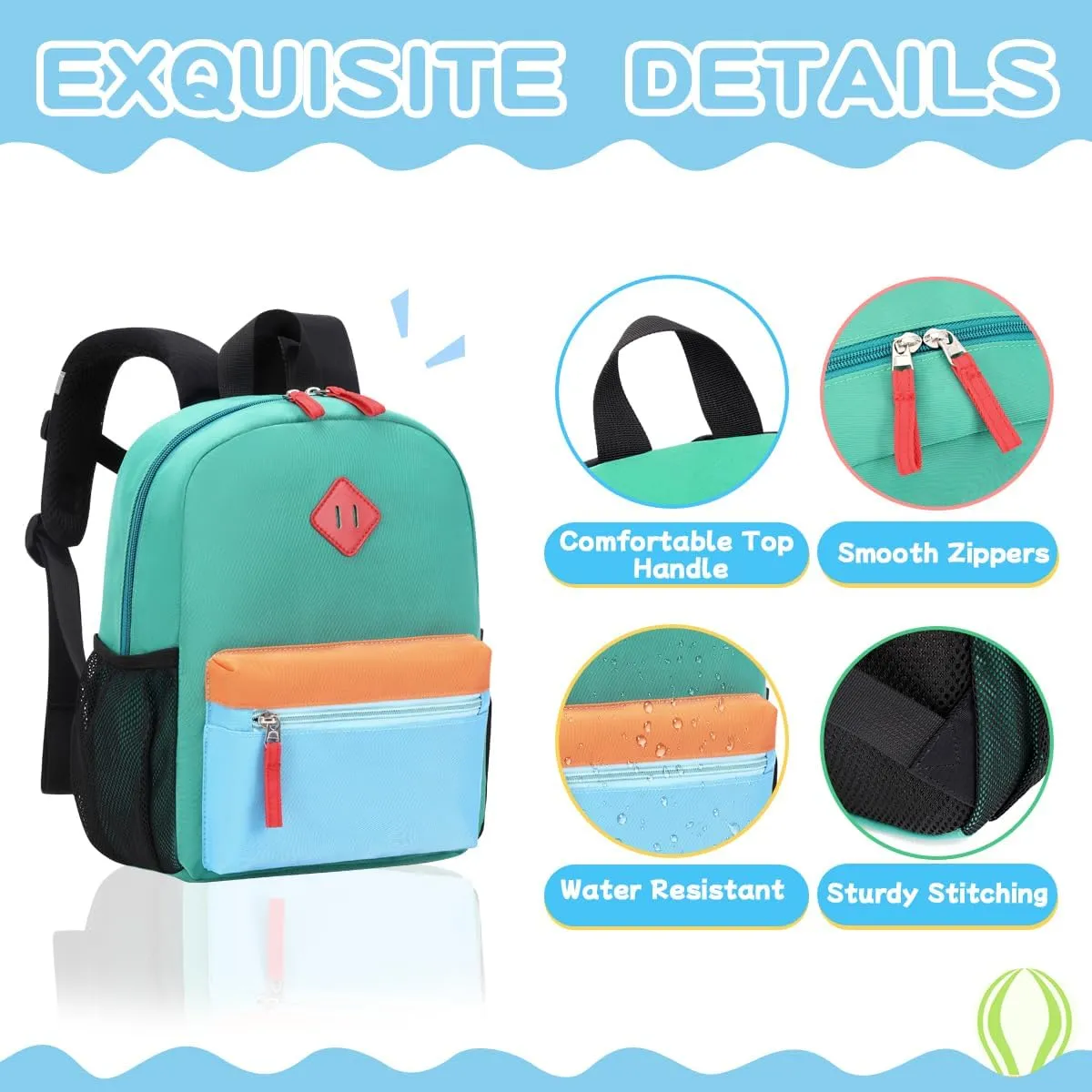 Toddler Backpack for Boys Girls, 12'' Mini Preschool Backpack for Kids Age 2-4 Years Old Small Toddler Bookbag for Kindergarten with Chest Buckle and Reflective Strip,Lake Green and Blue