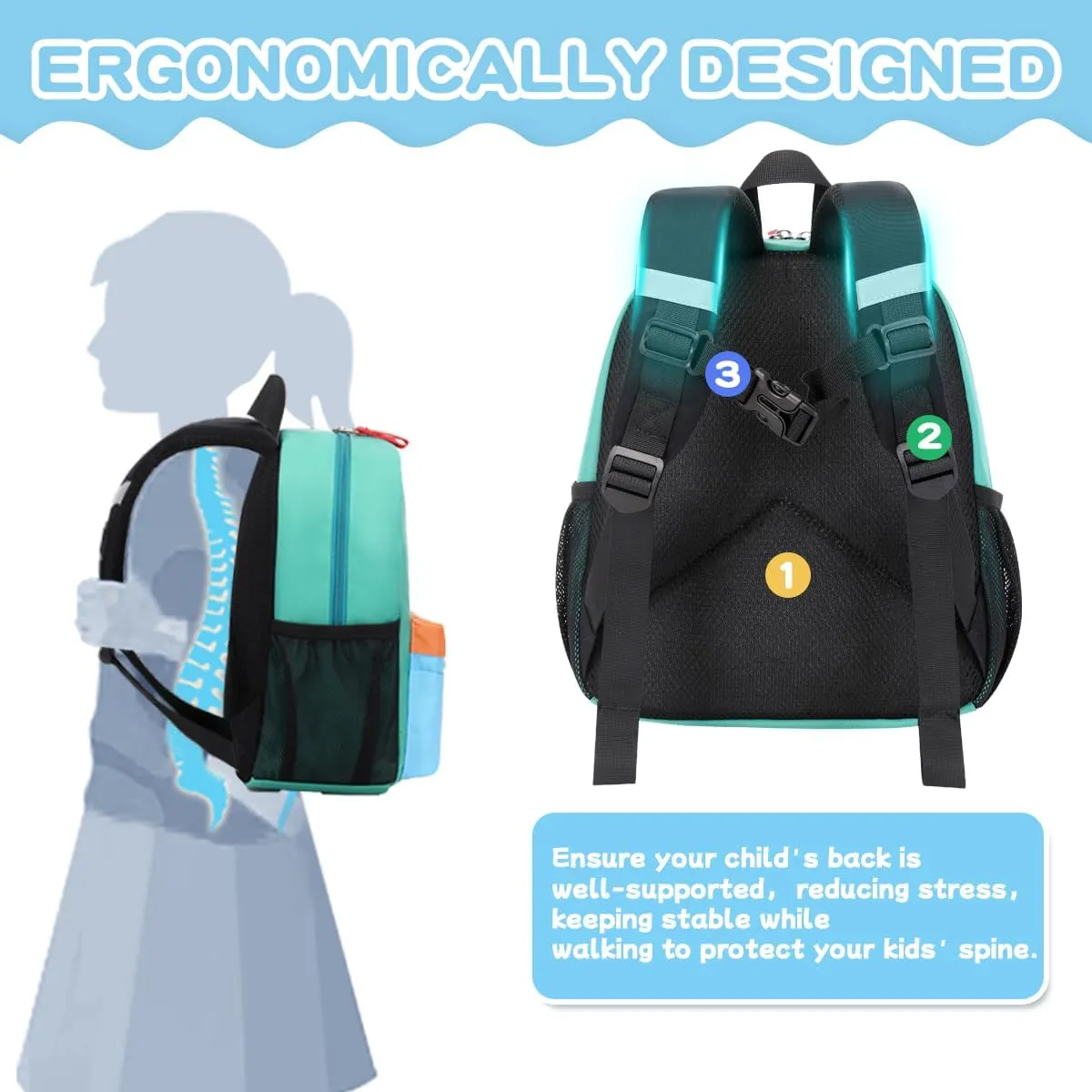 Toddler Backpack for Boys Girls, 12'' Mini Preschool Backpack for Kids Age 2-4 Years Old Small Toddler Bookbag for Kindergarten with Chest Buckle and Reflective Strip,Lake Green and Blue